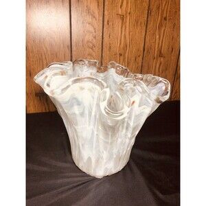 MURANO made In Italy LARGE Art Glass Vase Original Sticker White Gold Glitter